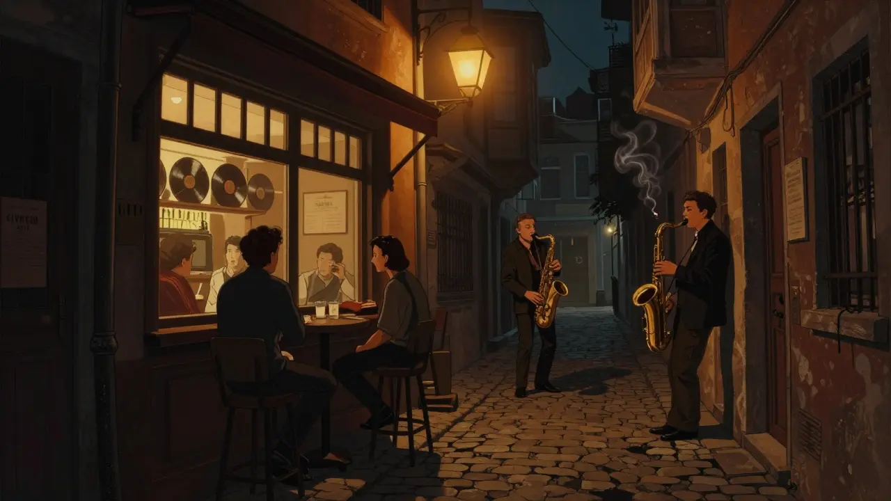 Cozy jazz bar Cıtır in Beyoğlu with musician playing and warm interior glow.
