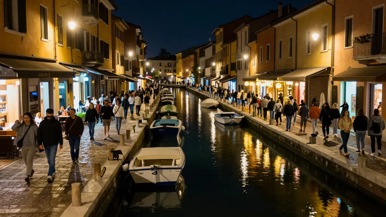 Crowded Navigli canal district at night with lit bars and reflections in water.