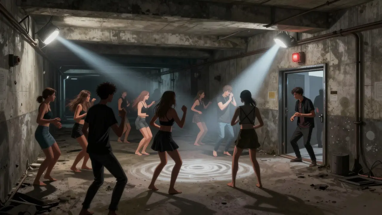 Dancers in an underground rave beneath a Paris metro station with strobe lights and concrete walls.