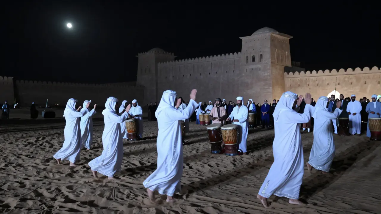 Dancers in white robes performing under moonlight at Qasr Al Hosn, drums echoing in the silent desert night.