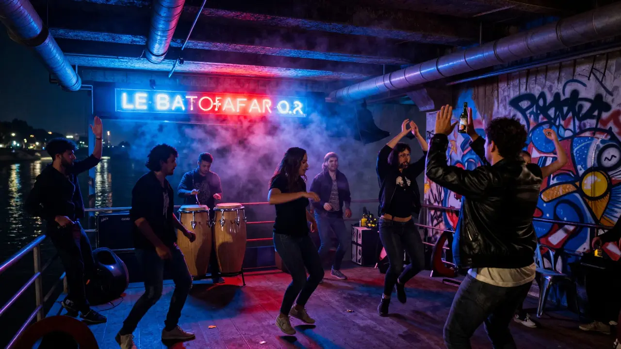 Dancers moving energetically in the gritty, neon-lit interior of Le Batofar barge club.