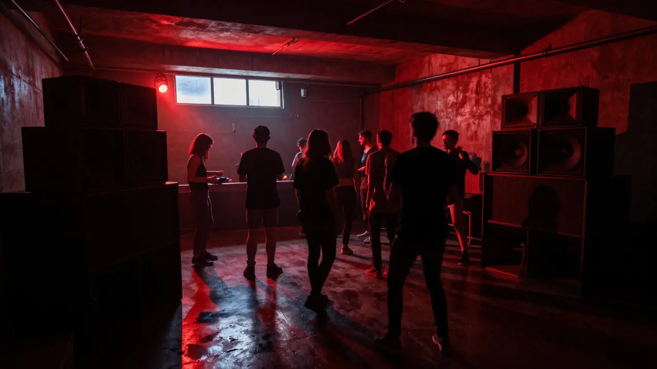 Dark underground techno club with red lighting and crowd dancing to pulsing bass in a warehouse.