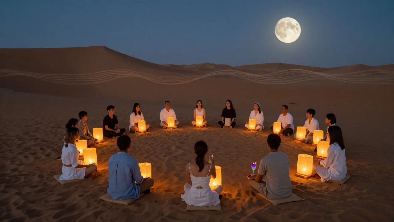 Desert night under full moon, lanterns glowing around a group in quiet circle.