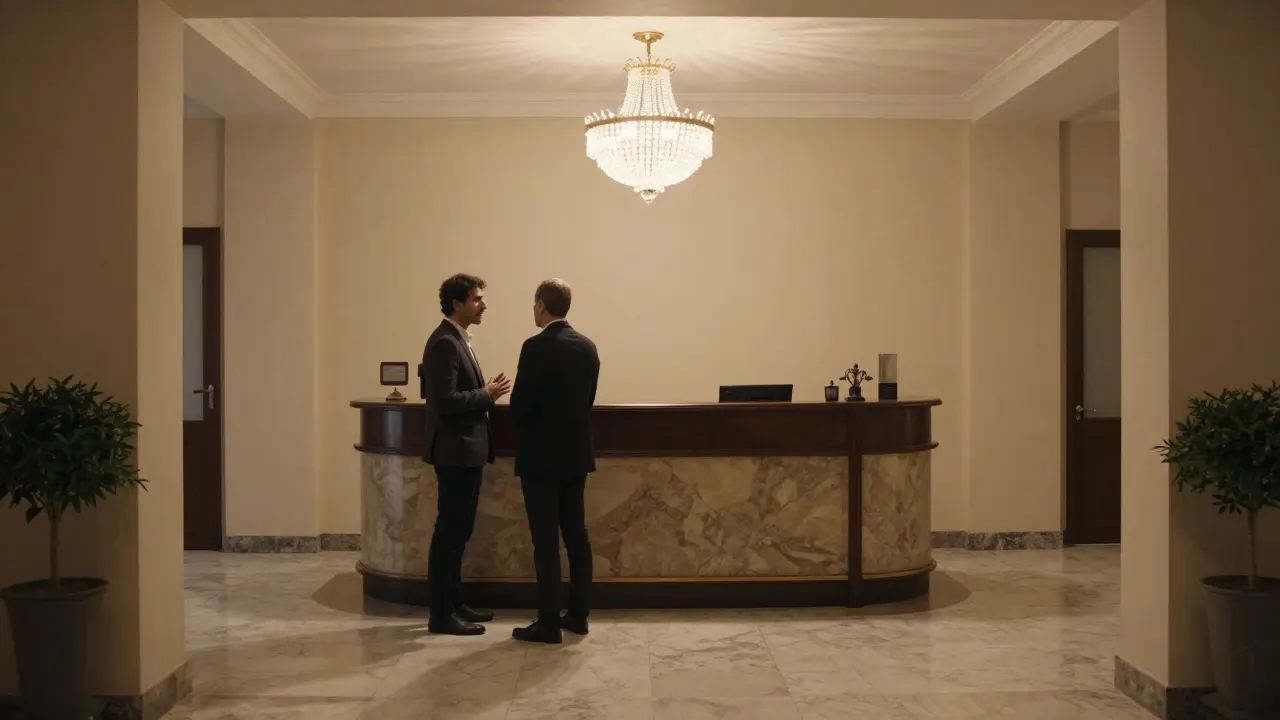 Discreet meeting in a luxury hotel lobby with soft ambient lighting and marble decor.