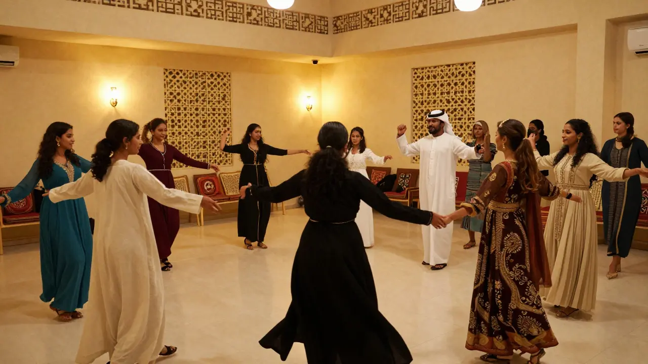 Diverse group dancing together in a cultural Khaleeji dance session, moving in rhythm with flowing clothes.