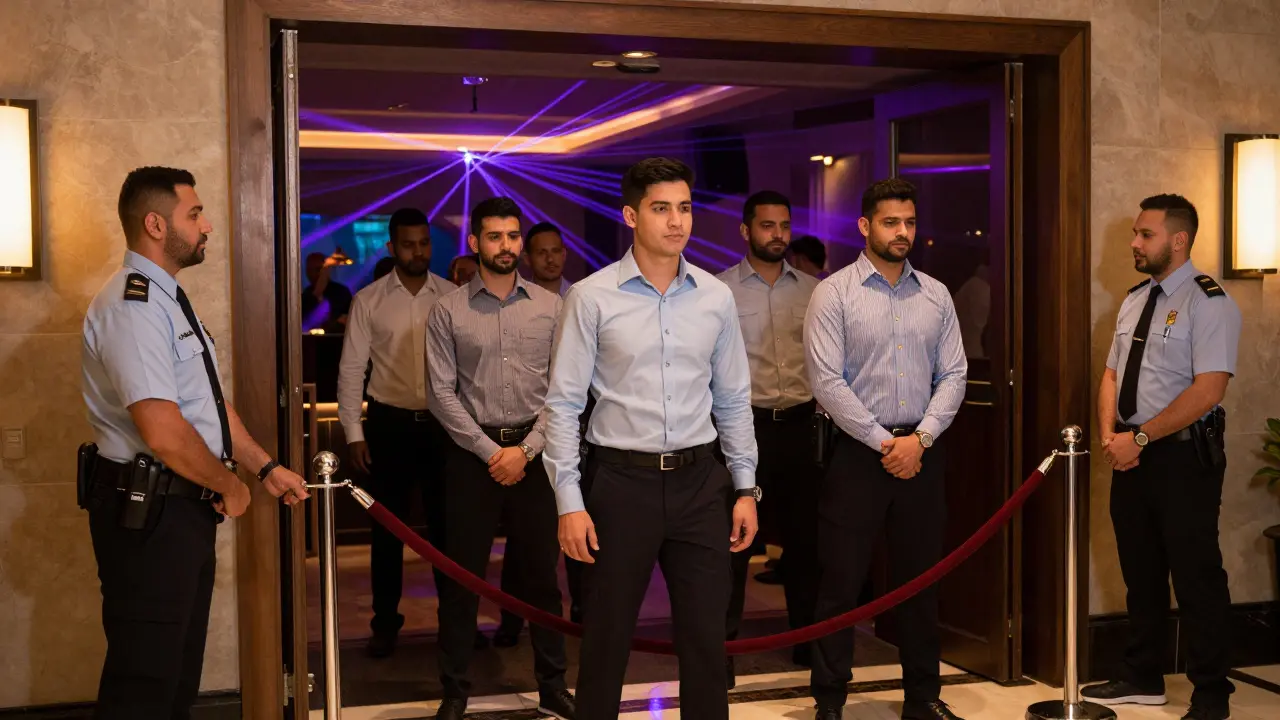 Dressed men at nightclub entrance with security nearby