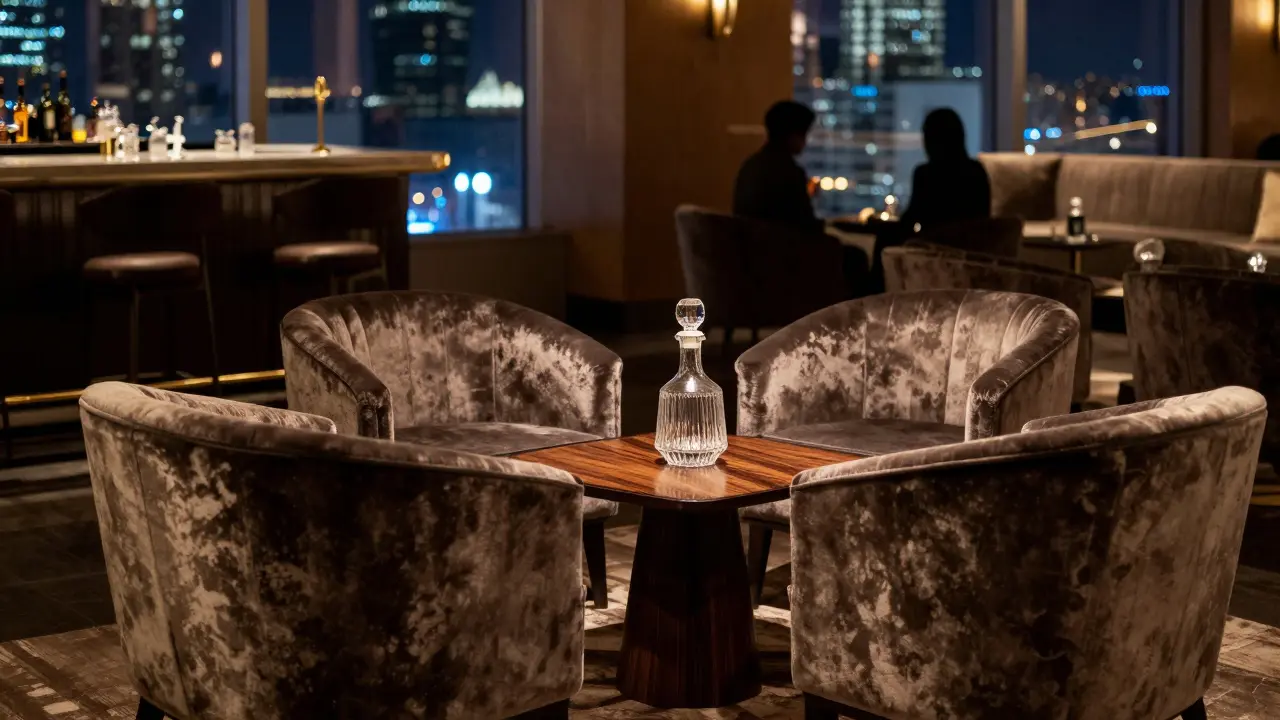 Elegant interior of a private hotel lounge with dim lighting and plush seating.