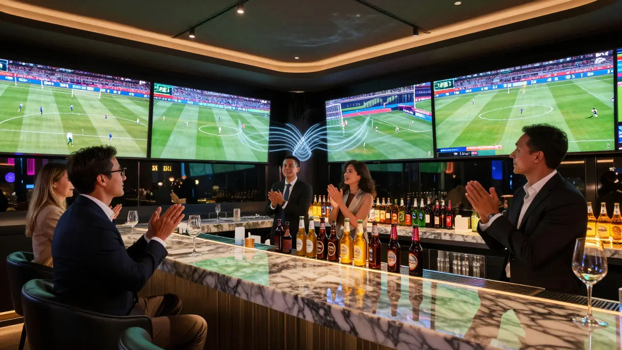 Elegant sports bar with high-definition screens showing global games, professionals and couples celebrating a goal in refined surroundings.