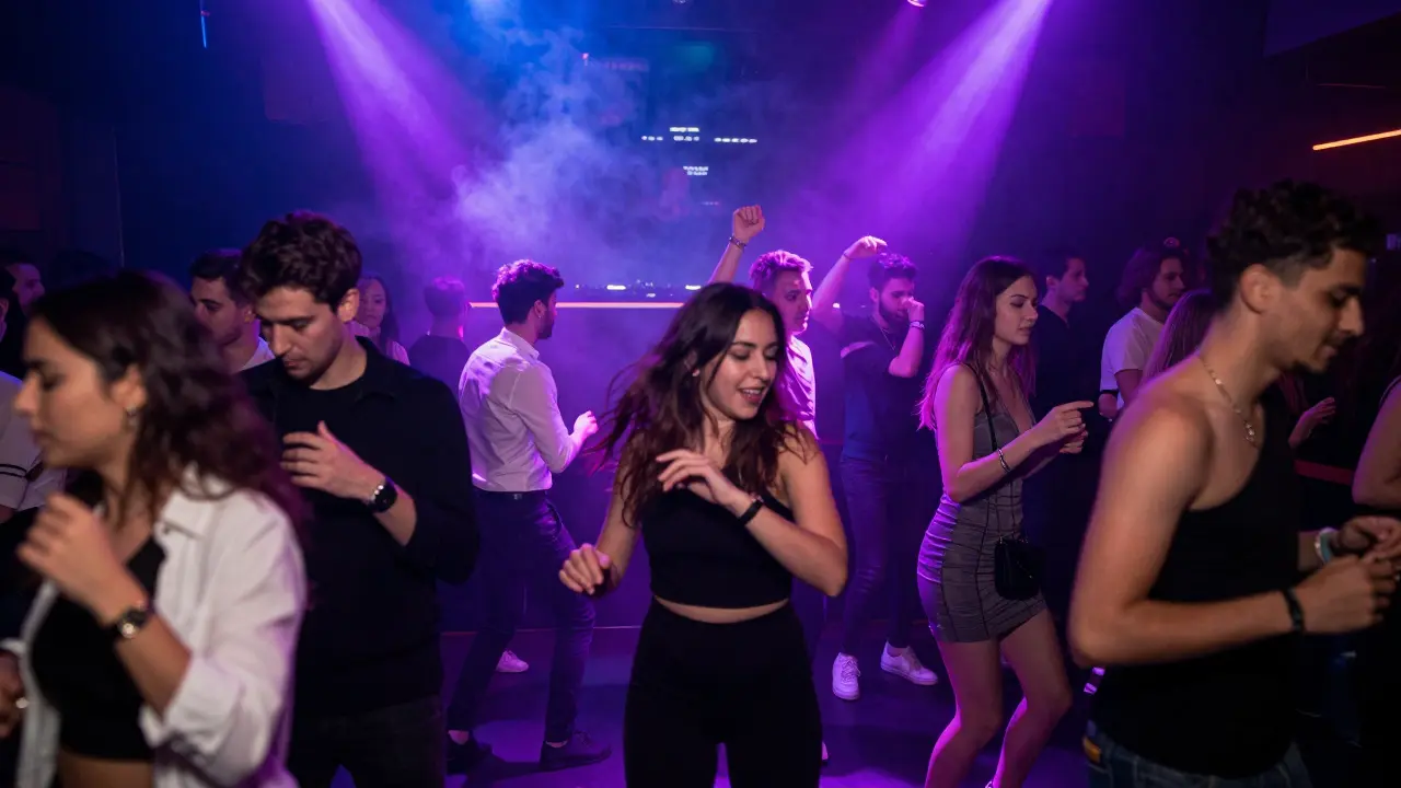 Energetic crowd dancing in a dark nightclub with neon lighting and smoke.