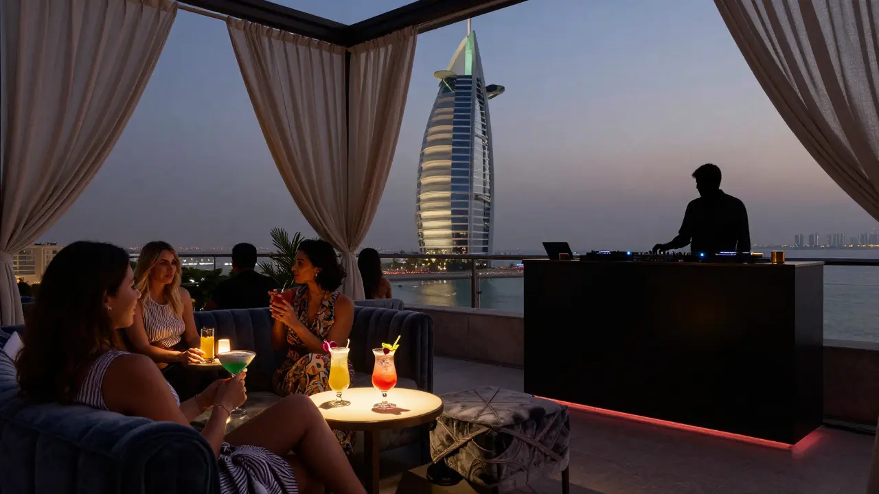 Energetic rooftop lounge with velvet booths and DJ booth, guests sipping colorful cocktails as desert winds blow through sheer curtains.