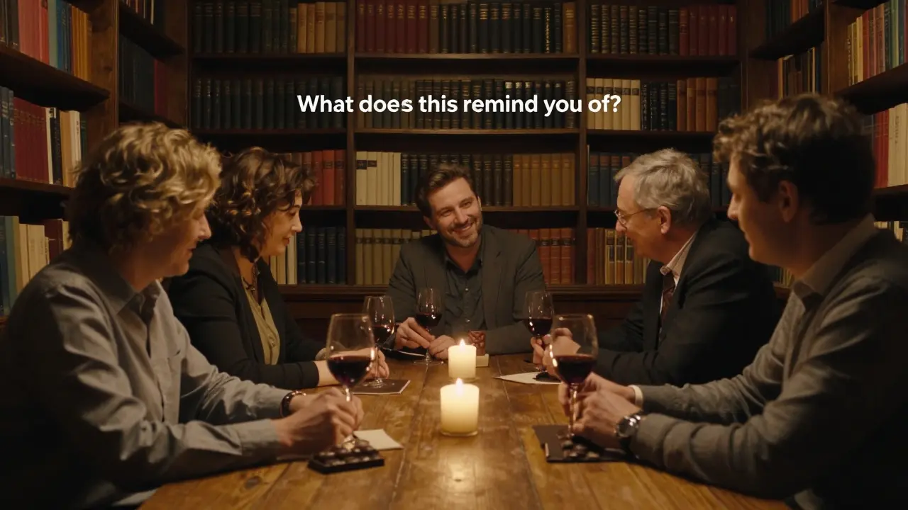 Five guests taste wine and chocolate in a hidden room under a vintage bookstore, lit by candlelight and surrounded by old books.