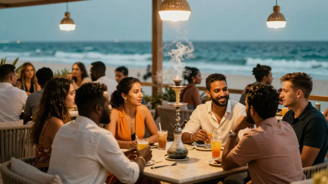Friends enjoying cocktails at a rooftop lounge bar.
