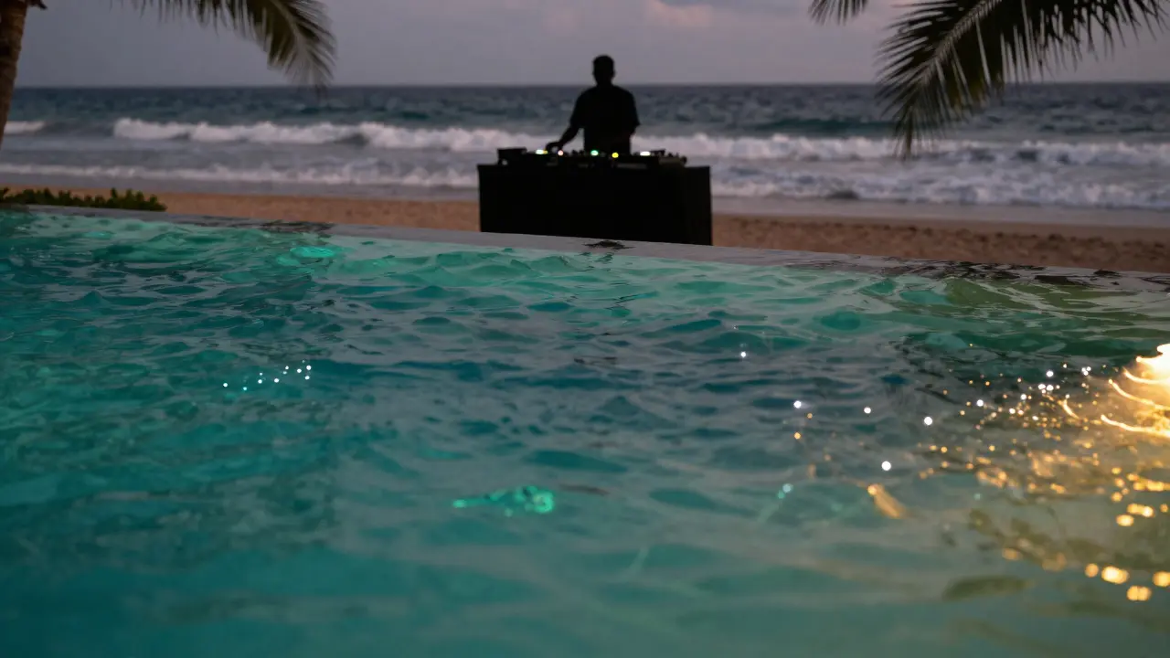 Glowing fiber optic pool at luxury beach club.