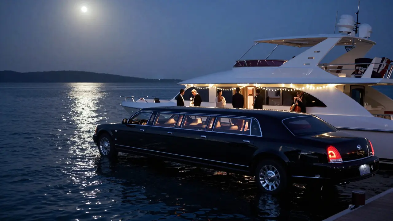 Guests boarding a private yacht at dawn, a cellist playing softly under string lights as the harbor glows in the distance.