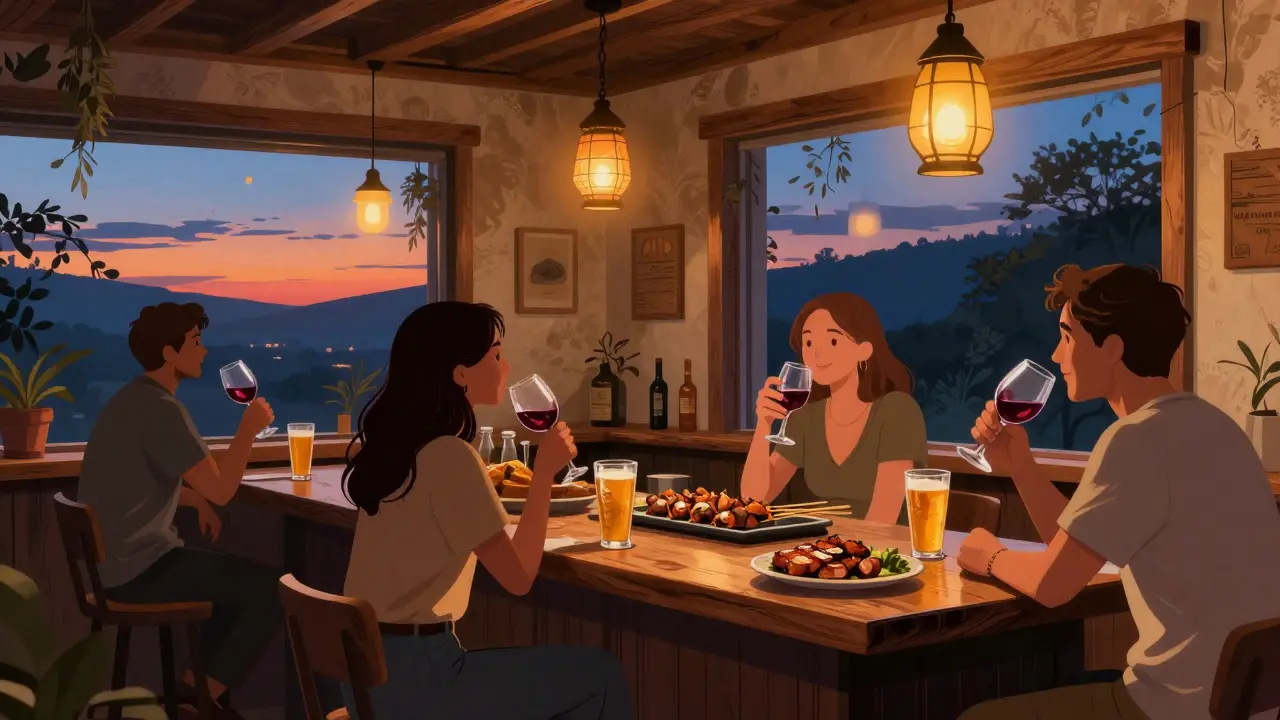 Guests sipping wine and craft beer at a cozy bar with lanterns and mini kebabs, as twilight fades through large windows.