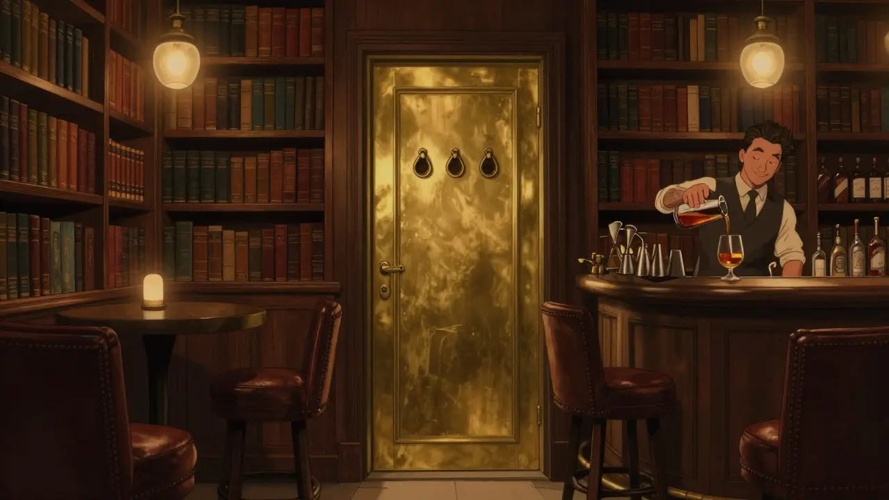 Hidden bar with brass door and bookshelves, warm light spilling from inside.