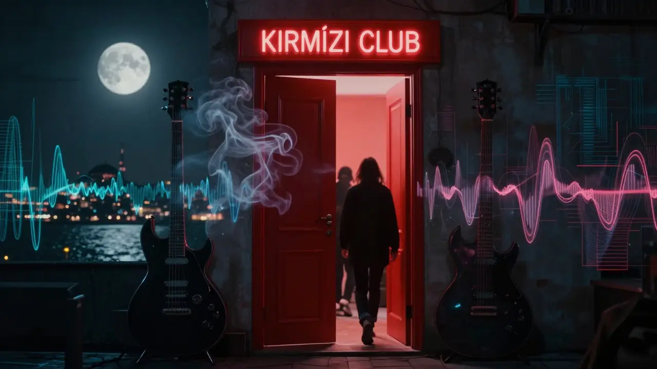 Hidden red door of Kırmızı club in Moda with incense smoke forming musical waves.