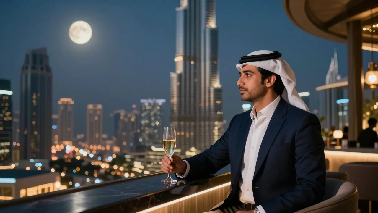 Individual sitting at a rooftop bar overlooking city lights at night.