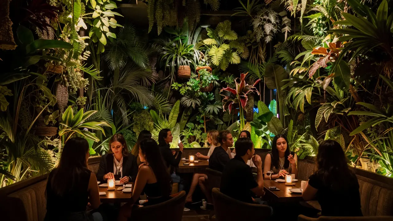 Indoor speakeasy lounge with lush plant walls.