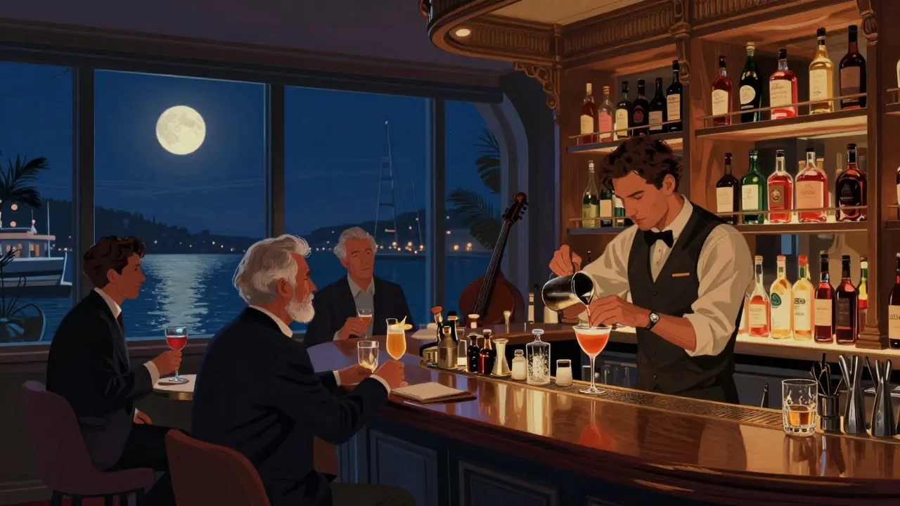 Intimate bar scene at Le Blue Bar with a bartender crafting drinks, patrons enjoying jazz under soft lighting.