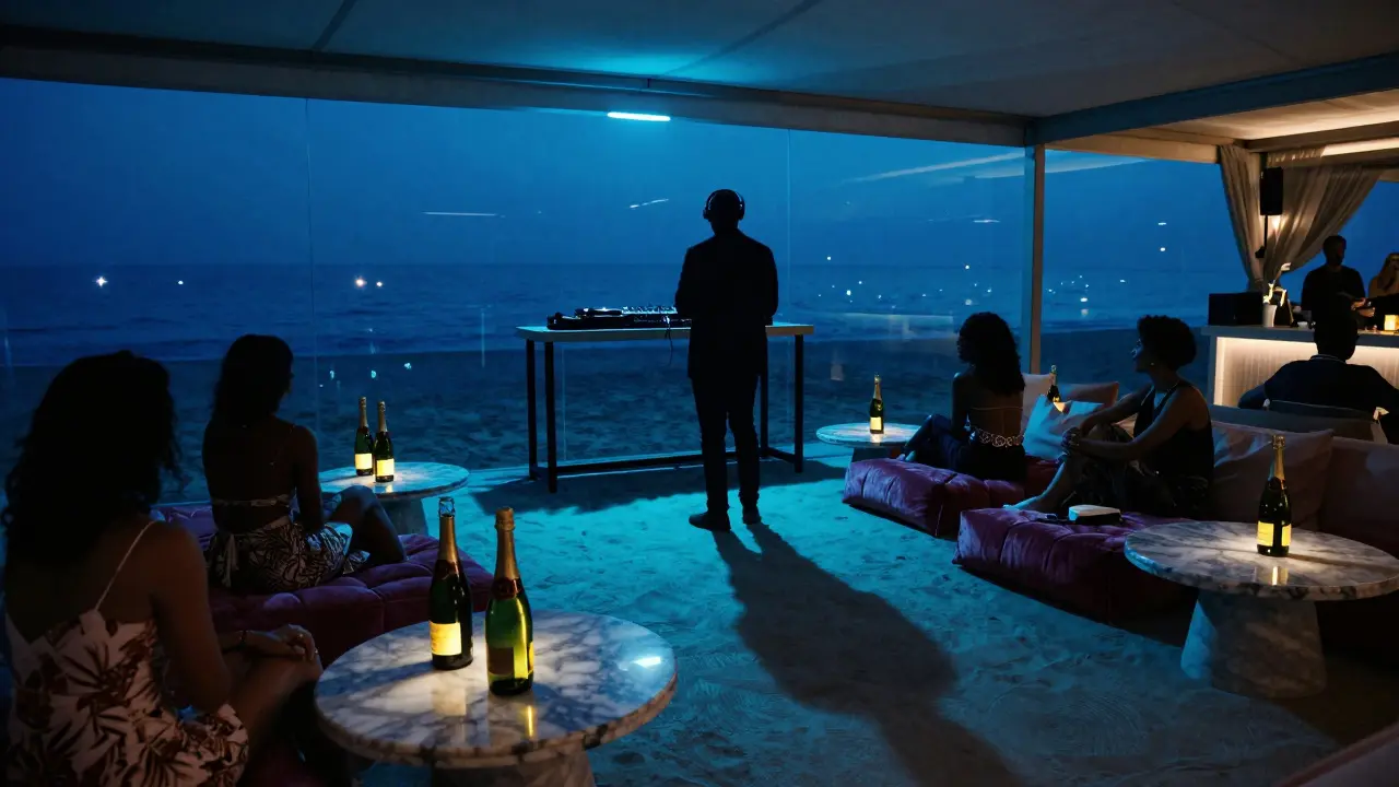 Luxury Beach Club lounge with underwater lighting, champagne bottles, and silhouetted guests by the sea.