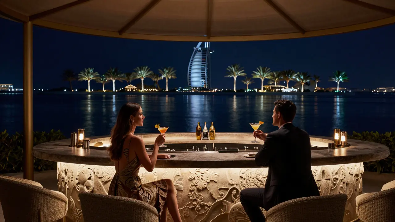 Luxury poolside bar scene on Palm Jumeirah island.
