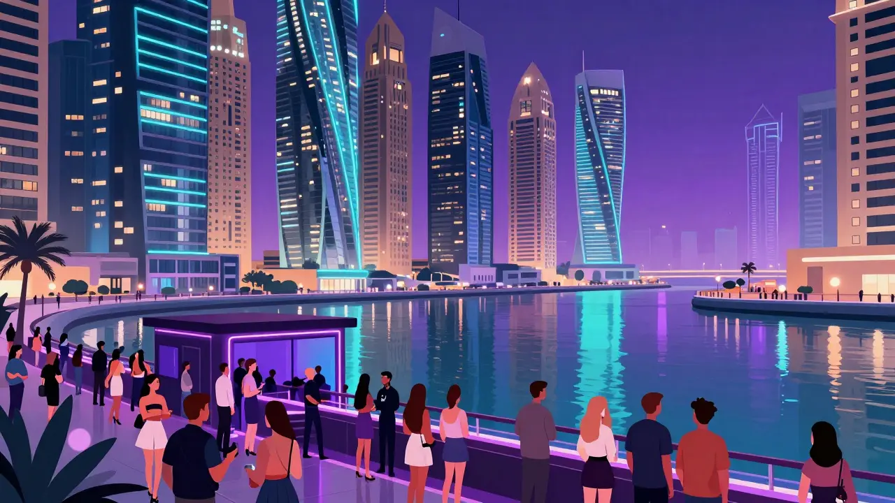 Neon lit Marina district club exterior with crowd.