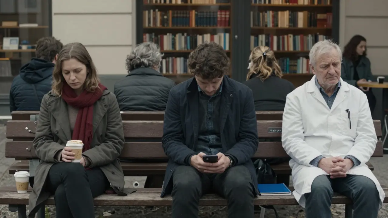 Ordinary people in Berlin sit alone in public spaces, hinting at quiet searches for connection.