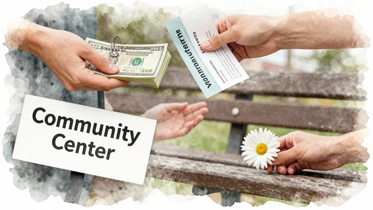 Overlapping hands symbolize transaction, therapy, community, and hope — with a single flower representing genuine connection.