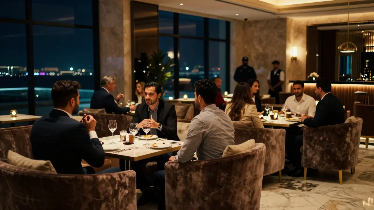 People socializing in a licensed hotel lounge at night.