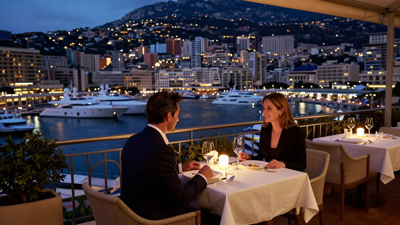 Romantic couple dining on terrace overlooking yacht-filled marina at dusk.