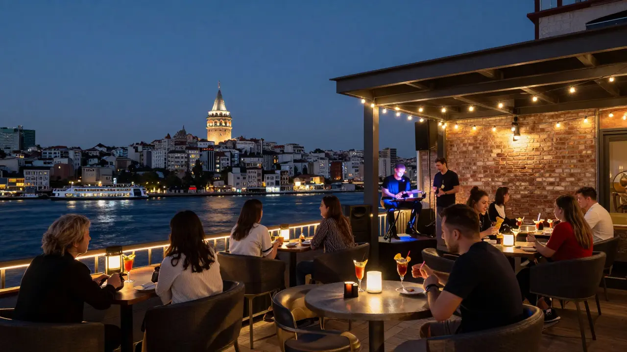 Rooftop bar at Mikla with guests enjoying cocktails under string lights, overlooking Galata Tower.