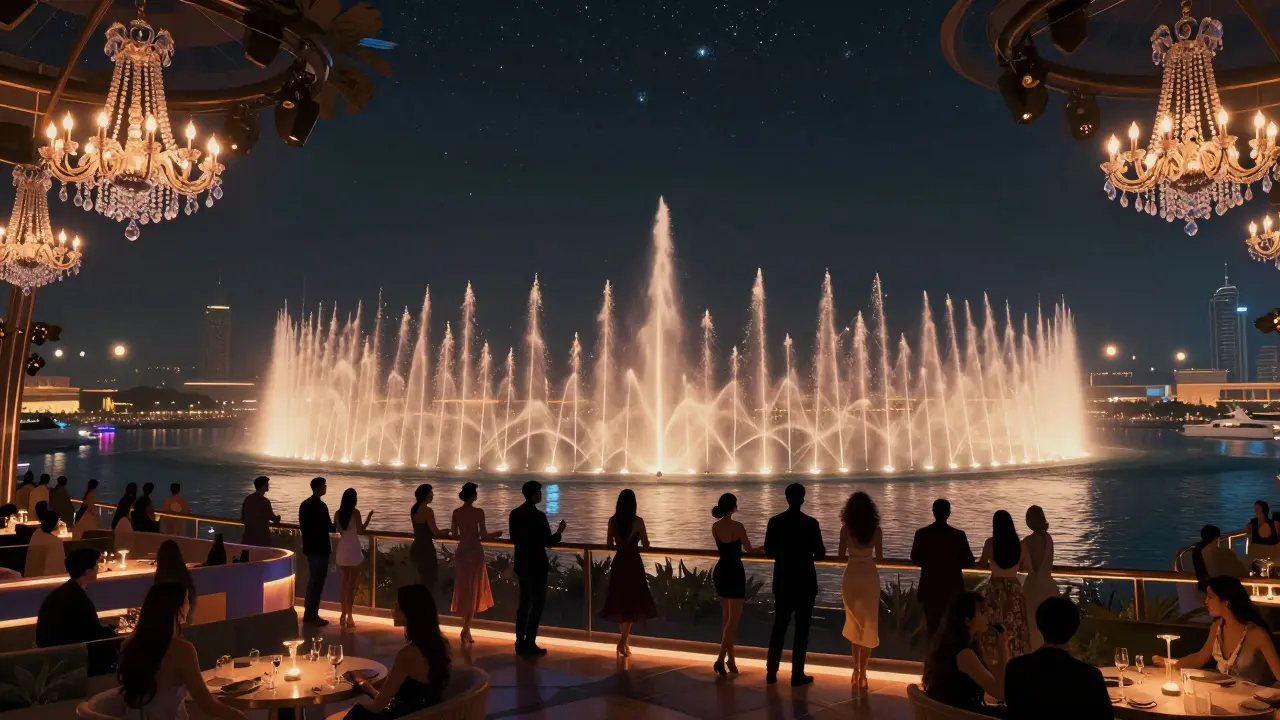 Rooftop nightclub at Cielo Dubai with dancers under the stars, the Dubai Fountain glowing below, yachts shimmering in the marina.