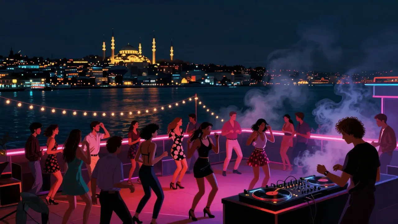Rooftop nightclub on the Bosphorus with dancers under string lights, city skyline glowing in the distance.