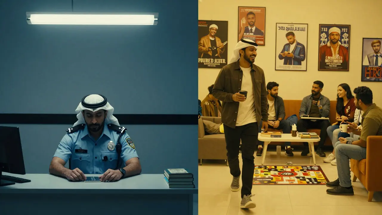 Split scene: one side shows a man in a police station after arrest, the other shows him happily at a social meetup.