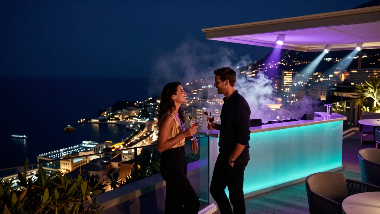 Stylish pair drinking cocktails at Monaco rooftop lounge with city lights.
