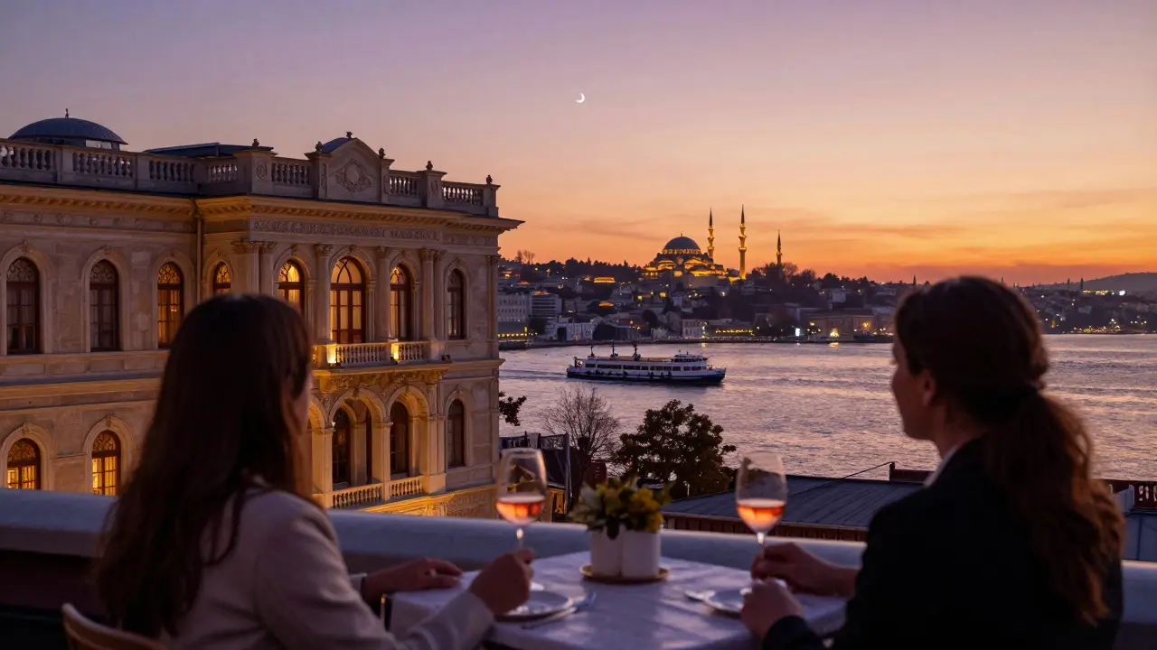 Sunset at Çırağan Palace rooftop, couple sipping wine as a ferry passes under a crescent moon.