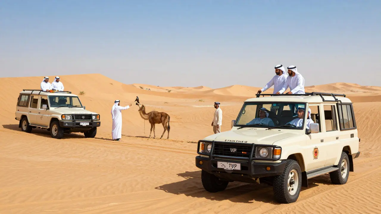 Tourists on a guided desert safari adventure in sand.