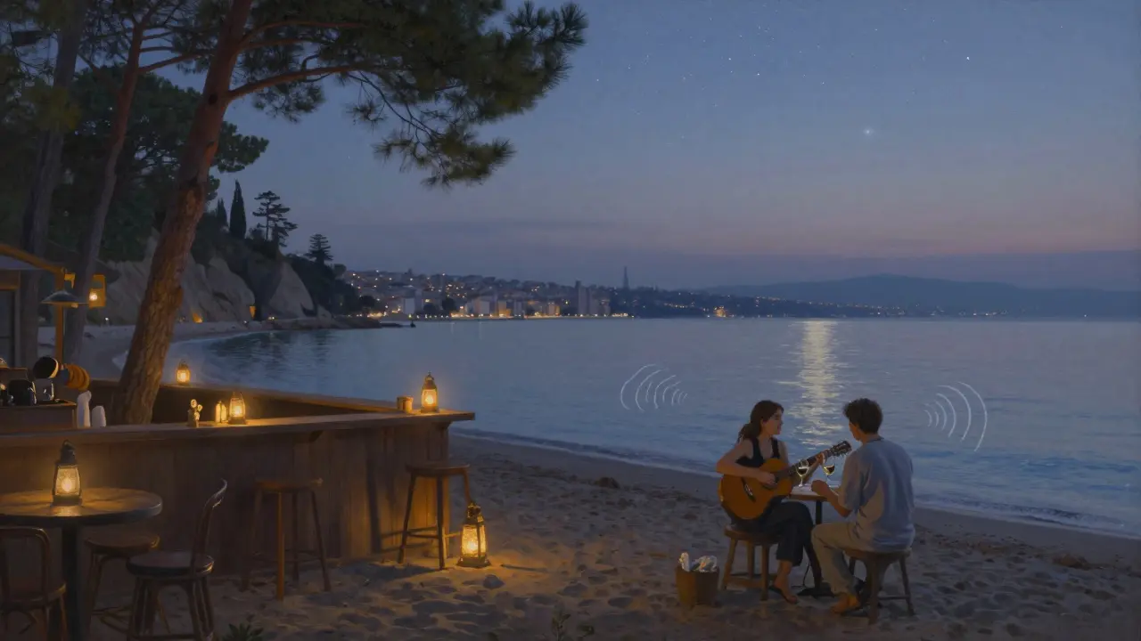 Tranquil beach bar at dawn with lanterns, a couple sharing wine, and the Bosphorus shimmering under starlight.