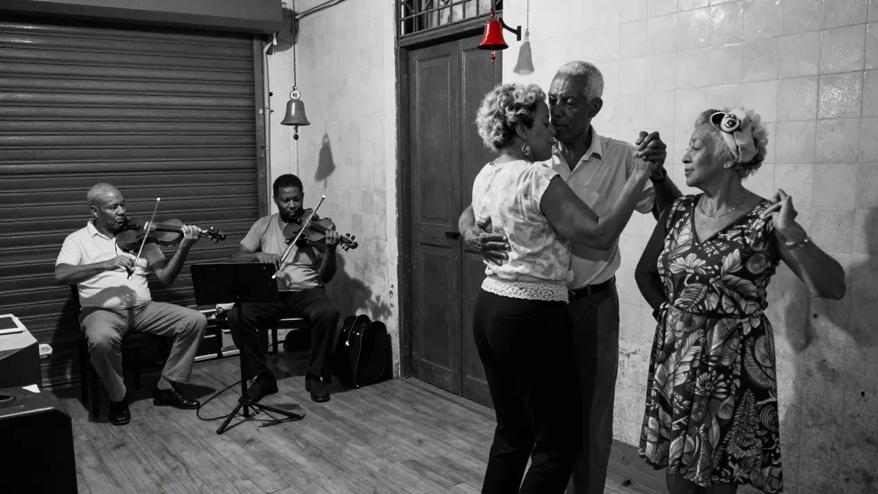 Two dancers in close embrace at the hidden La Poubelle, bathed in dim light from a charanga band.