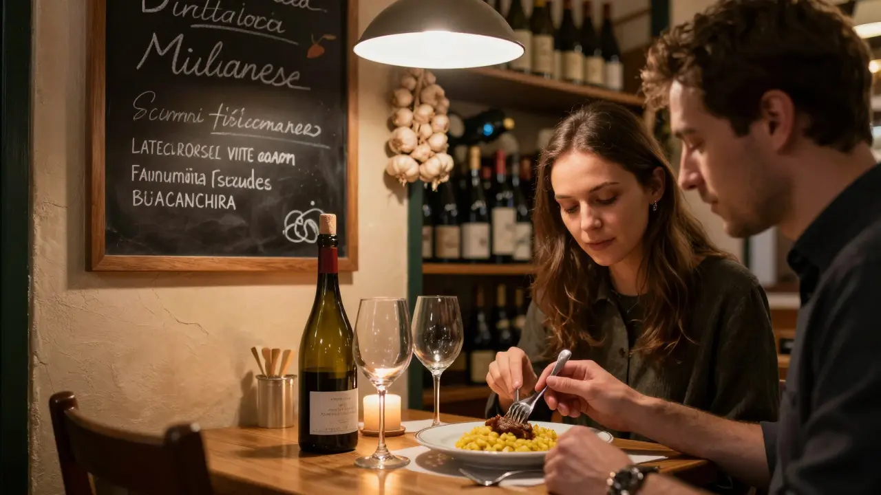 Two people sharing a traditional Milanese dinner of risotto and ossobuco in a cozy, candlelit osteria.
