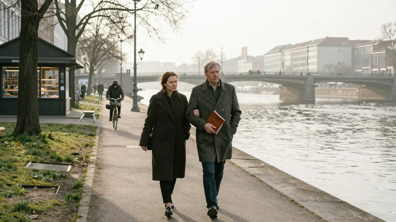 Two people walking peacefully along the Spree River at dawn, city lights reflecting on water, sharing quiet companionship without words.