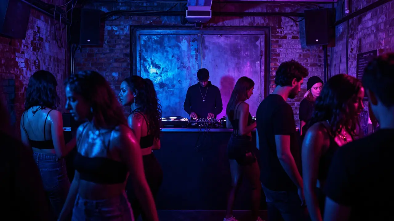 Underground club in Zona Tortona with dancers lost in neon-lit deep house rhythm.