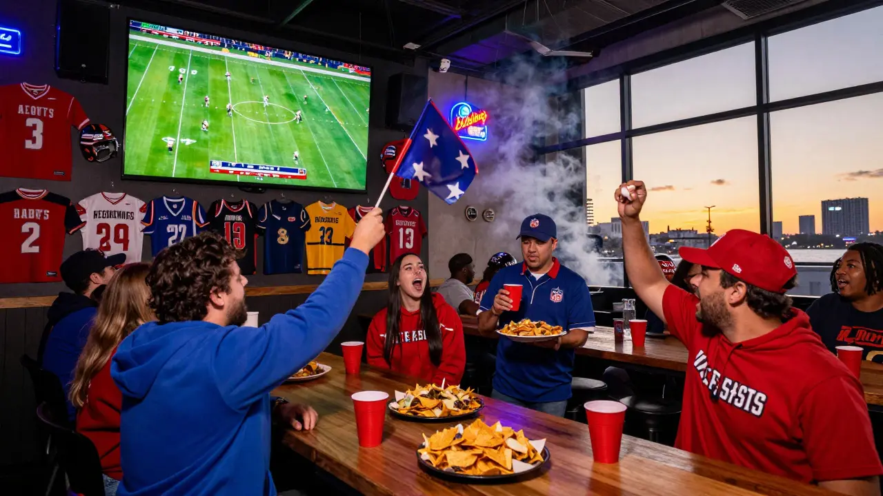 Vibrant American football bar with giant outdoor screen, fans in team jerseys, autographed memorabilia on walls, and free food being served.